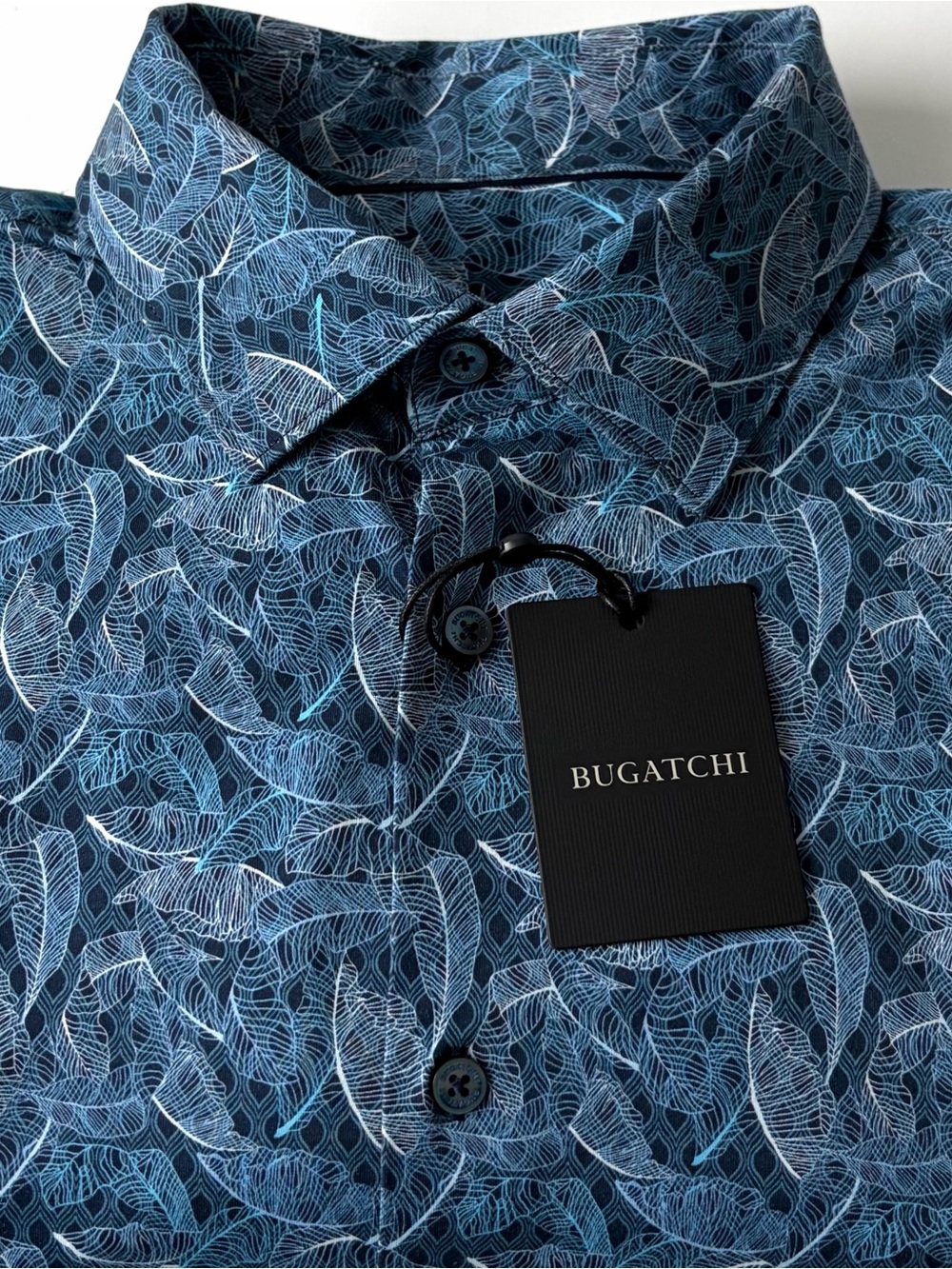BUGATCHI Men's LongSleeve Shirt MED Blue Leaf Print 8 Way Stretch Button Up $199